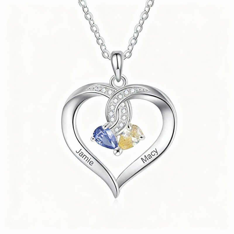10K White Gold Cubic Zirconia Personalized Birthstone & Personalized Engraving & Heart Pendant Necklace-1
