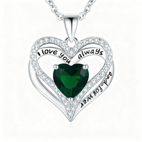 Collier pendentif cœur en or blanc 10 carats avec zircon cubique, pierre de naissance personnalisée et gravure personnalisée