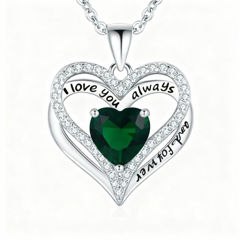 Collier pendentif cœur en or blanc 18 carats avec zircon cubique, pierre de naissance personnalisée, gravure personnalisée et pendentif personnalisé-1