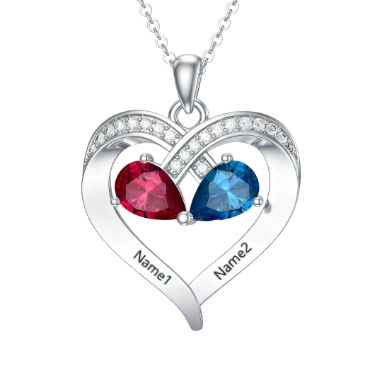 10K White Gold Cubic Zirconia Personalized Birthstone & Personalized Engraving & Heart Pendant Necklace