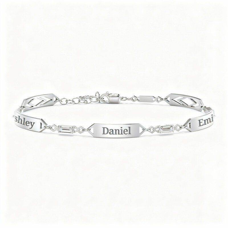 Pulseira de identificação personalizada em ouro branco de 10 quilates com zircónia cúbica, pedra de nascimento e gravação personalizada.-13