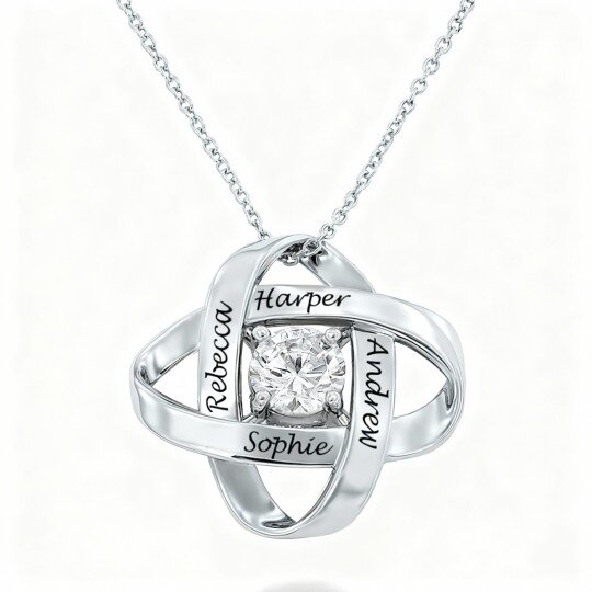 Colar com pendente personalizado em ouro branco de 18 quilates com zircónia cúbica, pedra de nascimento e gravação personalizada.