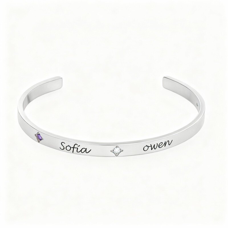 Bracelet jonc simple en or blanc 14 carats avec zircon cubique, pierre de naissance personnalisée et gravure personnalisée-1