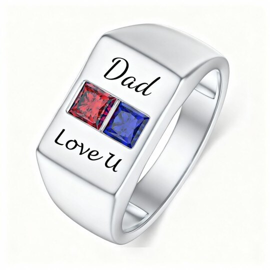 Bague pour homme en or blanc 10 carats avec pierre de naissance et gravure personnalisée en zircon cubique