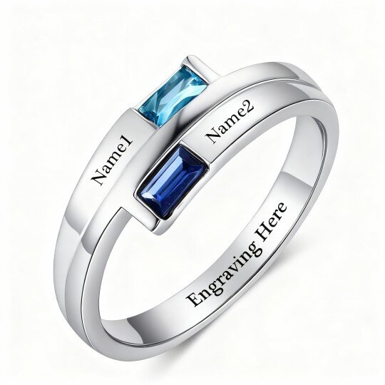10K White Gold Cubic Zirconia Personalized Birthstone & Personalized Engraving Ring