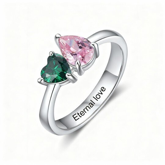 10K White Gold Cubic Zirconia Personalized Birthstone & Personalized Engraving Birthstone Ring
