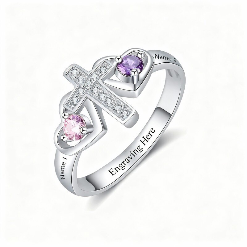 14Kホワイトゴールド キュービックジルコニア パーソナライズ誕生石＆パーソナライズ彫刻リング-1