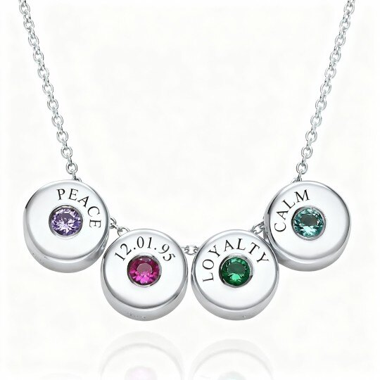 10K White Gold Cubic Zirconia Personalized Birthstone & Personalized Engraving & Round Circle Pendant Necklace