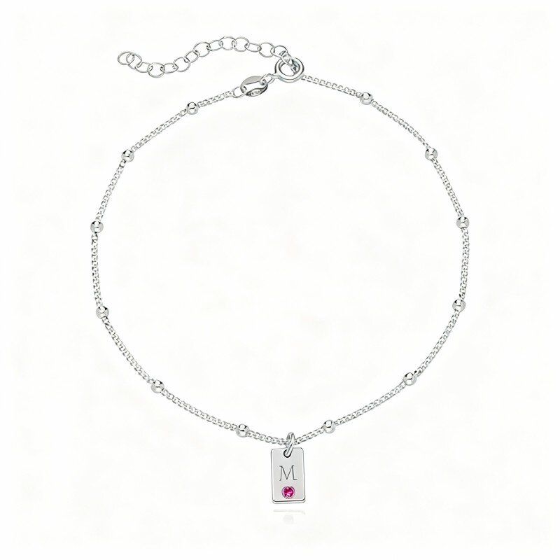 10K White Gold Cubic Zirconia Personalized Birthstone & Personalized Engraving Single Layer Charm Anklet-7