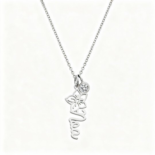 Collar con colgante de flores silvestres en oro blanco de 10 quilates con circonitas cúbicas, piedra natal personalizada y grabado personalizado.