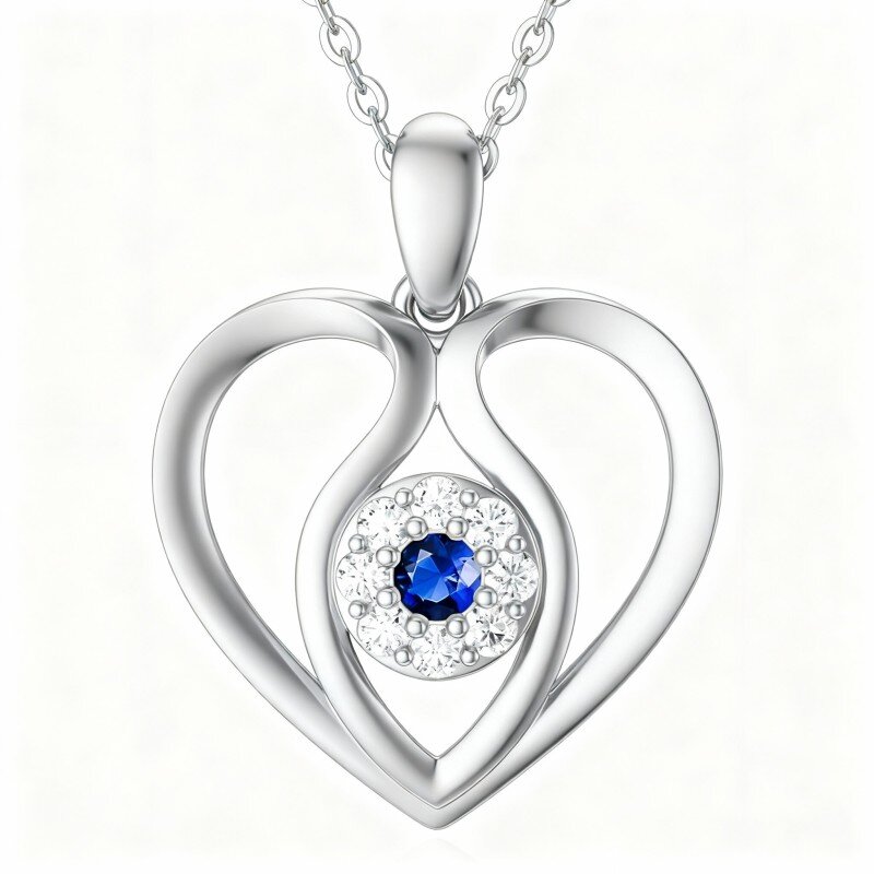 Colar com pendente personalizado em ouro branco de 14 quilates com zircónia cúbica, pedra de nascimento, olho grego e coração.-1