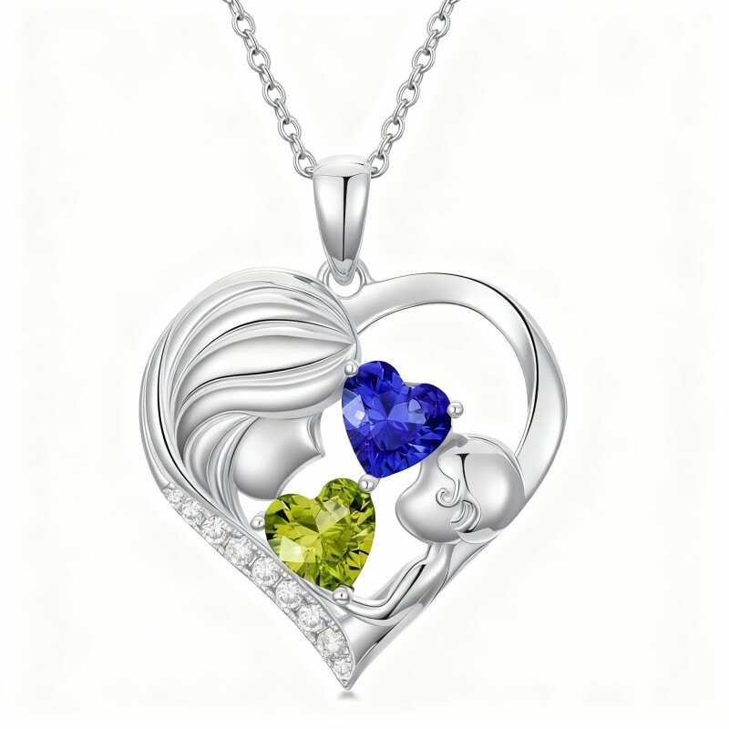 Platinum with White Gold Plated Cubic Zirconia Personalized Birthstone & Grandmother & Mother & Heart Pendant Necklace-1