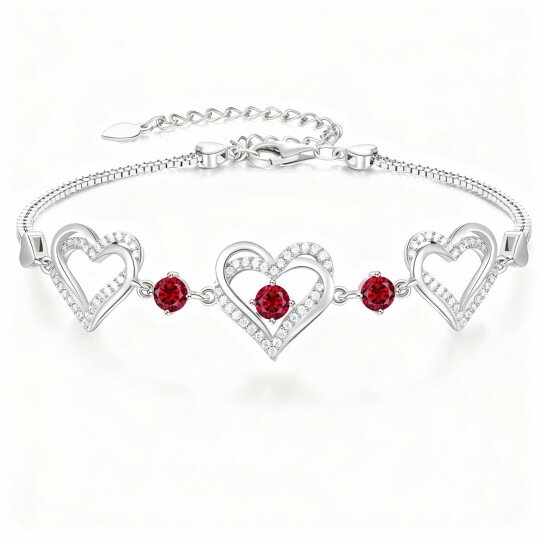 10K White Gold Cubic Zirconia Personalized Birthstone & Heart With Heart Charm Bracelet