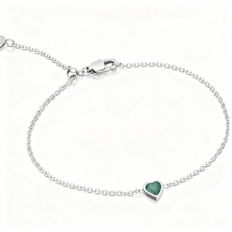 Bracelet personnalisé en or blanc 10 carats avec zircon cubique, pierre de naissance et breloque cœur-1