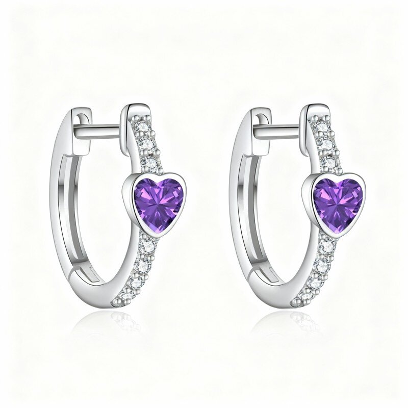 14K White Gold Cubic Zirconia Personalized Birthstone & Heart Hoop Earrings-1