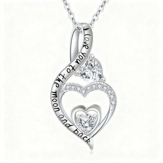 10K White Gold Cubic Zirconia Personalized Birthstone & Heart & Infinity Symbol Pendant Necklace with Engraved Word