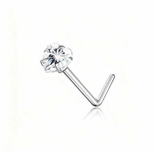 Anillo nasal personalizado con piedra natal y corazón, de oro blanco de 10 quilates con circonita cúbica y circonita cúbica.