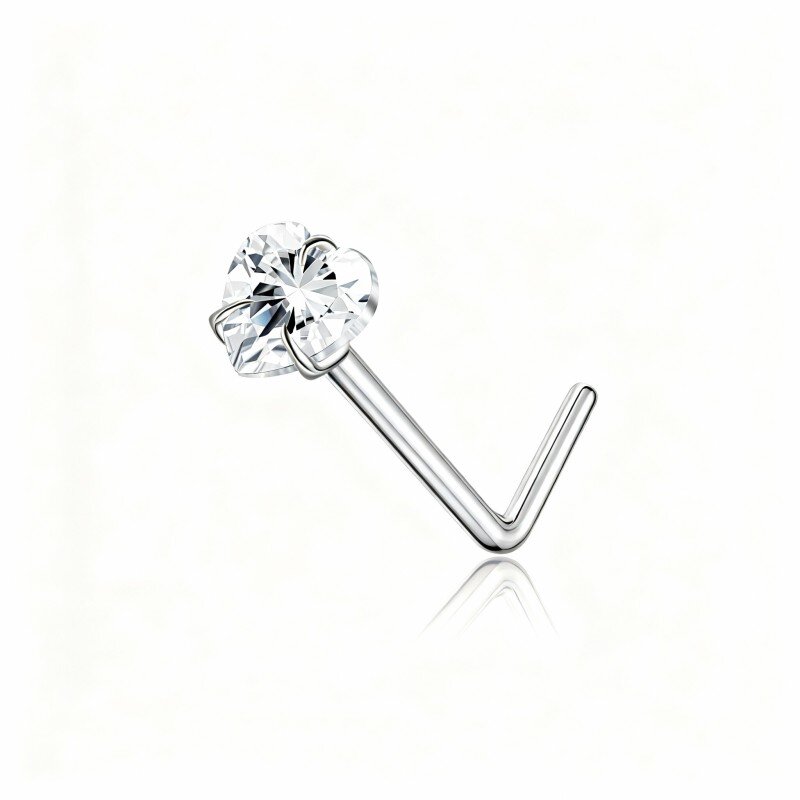 Piercing de nariz personalizado em ouro branco de 10 quilates com zircónia cúbica, pedra de nascimento e coração-8