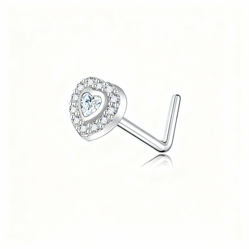 10K White Gold Cubic Zirconia Personalized Birthstone & Heart Nose Ring-5