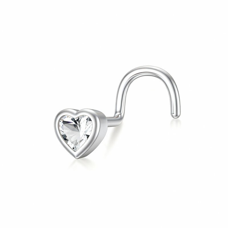 10K White Gold Cubic Zirconia Personalized Birthstone & Heart Nose Ring-14
