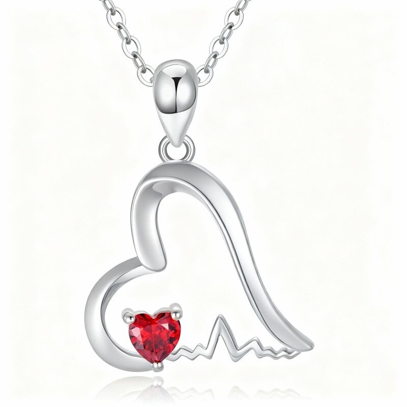 18K White Gold Cubic Zirconia Personalized Birthstone & Heart Pendant Necklace-1