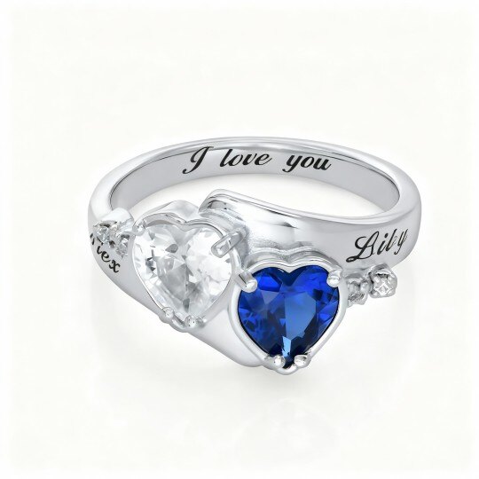 10K White Gold Cubic Zirconia Personalized Birthstone & Heart Birthstone Ring