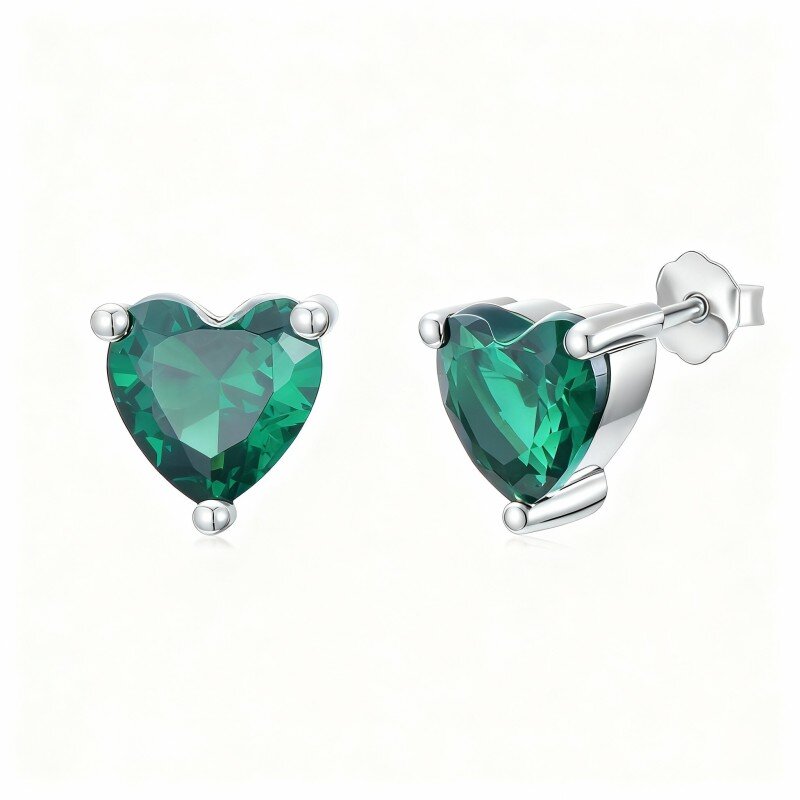 10K White Gold Cubic Zirconia Personalized Birthstone & Heart Stud Earrings-14