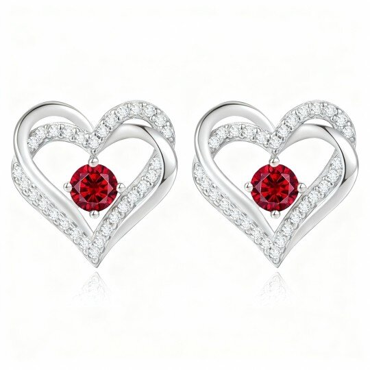 10K White Gold Cubic Zirconia Personalized Birthstone & Heart Stud Earrings