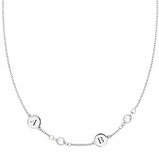 Colar de corrente elástica em ouro branco de 10 quilates com zircónia cúbica, pedra de nascimento personalizada e inicial personalizada.
