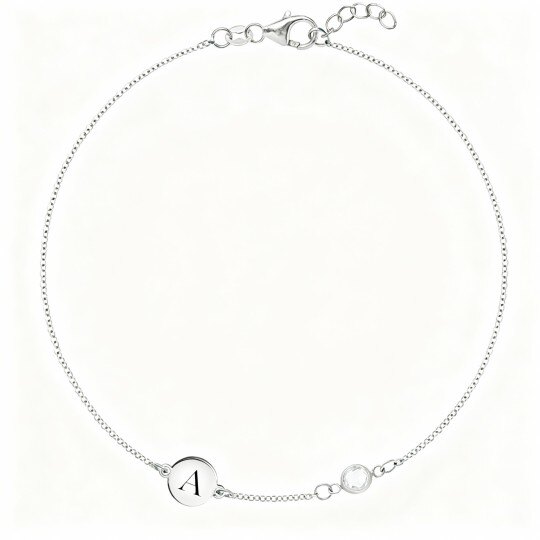 10Kホワイトゴールド キュービックジルコニア パーソナライズ誕生石＆パーソナライズイニシャルレターチャームブレスレット