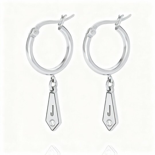 9K White Gold Cubic Zirconia Personalized Birthstone & Personalized Initial Letter Drop Earrings