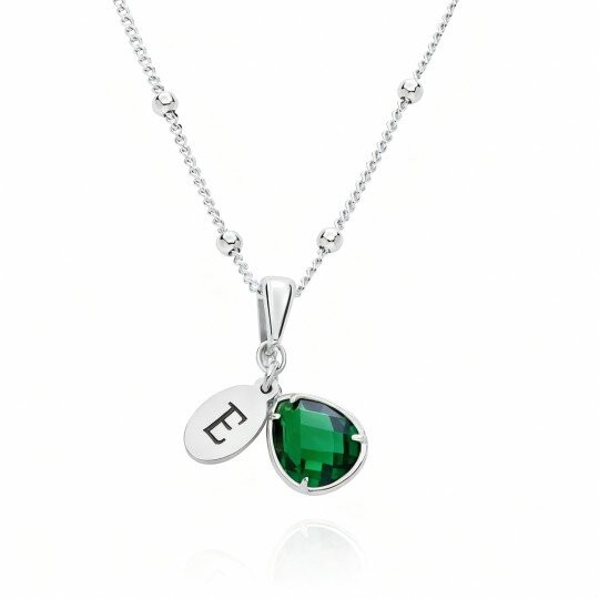 10K White Gold Cubic Zirconia Personalized Birthstone & Personalized Initial Letter & Drop Shape Pendant Necklace