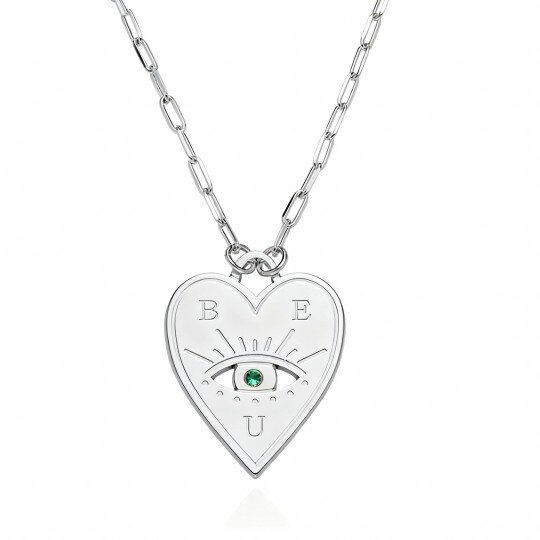 10K White Gold Cubic Zirconia Personalized Birthstone & Personalized Initial Letter & Evil Eye & Heart Pendant Necklace
