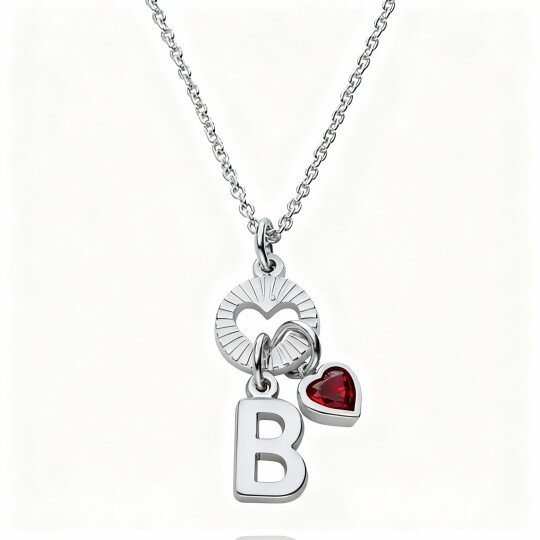 10K White Gold Cubic Zirconia Personalized Birthstone & Personalized Initial Letter & Heart Pendant Necklace