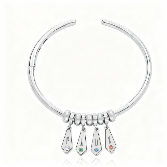 Armband aus 10-karätigem Weißgold mit personalisiertem Geburtsstein und personalisiertem Anfangsbuchstaben-Anhänger aus Zirkonia