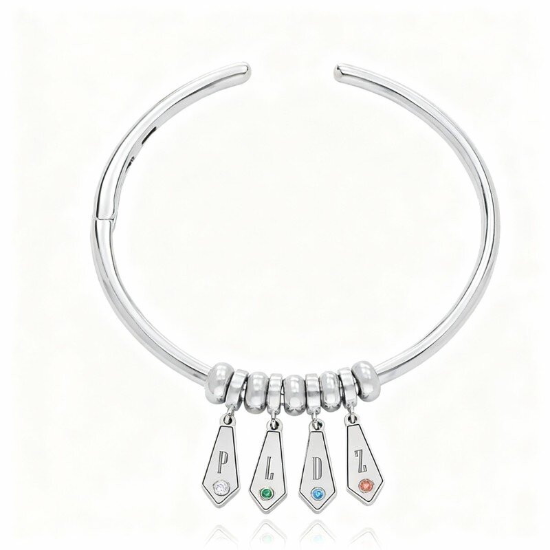 14K White Gold Cubic Zirconia Personalized Birthstone & Personalized Initial Letter Pendant Bangle Bracelet-1