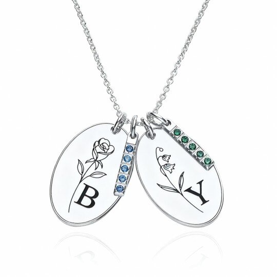 10K White Gold Cubic Zirconia Personalized Birthstone & Personalized Initial Letter Pendant Necklace