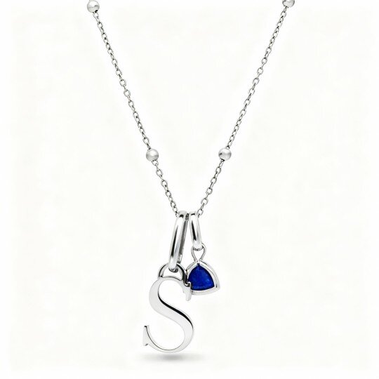 10K White Gold Cubic Zirconia Personalized Birthstone & Personalized Initial Letter Pendant Necklace