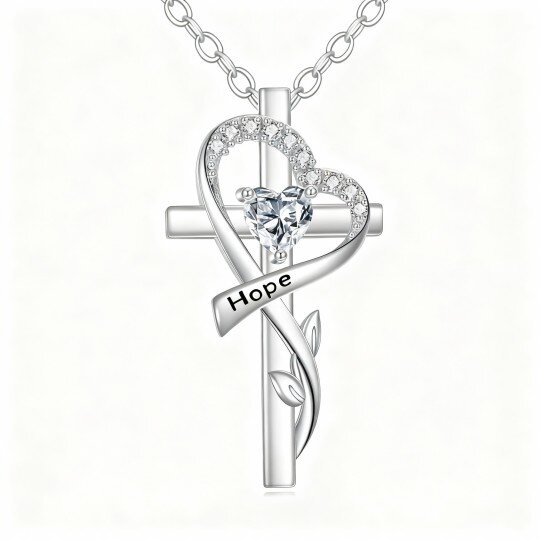 10K White Gold Cubic Zirconia & Personalized Birthstone Leaves & Cross & Heart Pendant Necklace