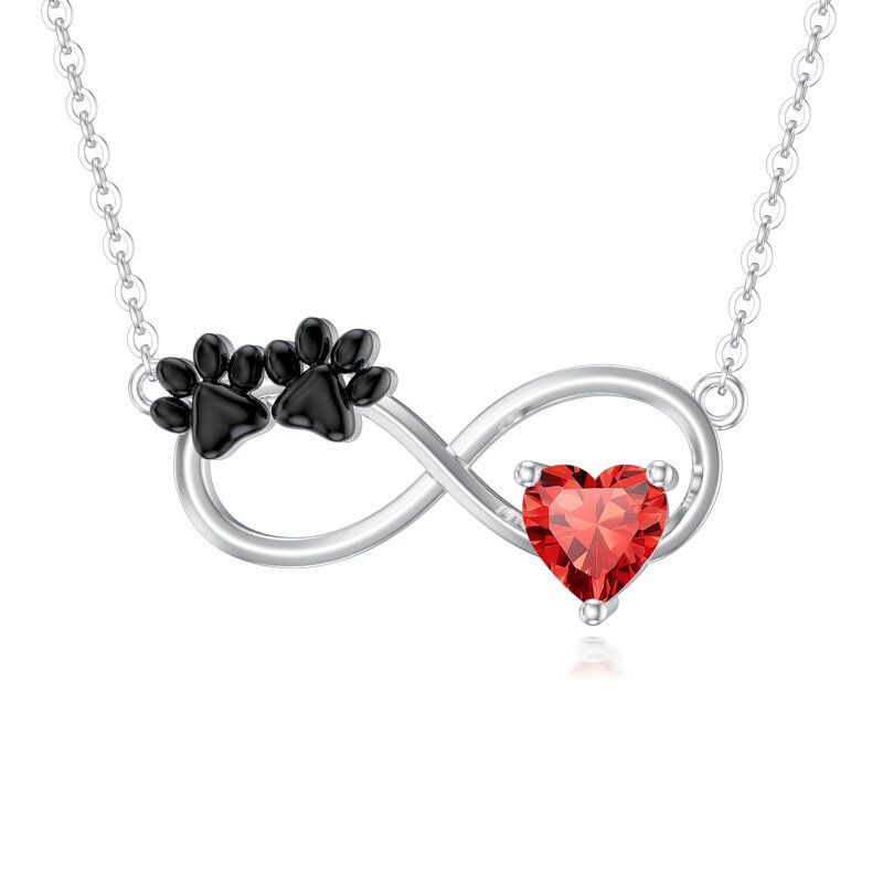 Collier pendentif en platine plaqué or blanc avec zircon cubique et pierre de naissance personnalisée, représentant une patte, un cœur et le symbole de l'infini-1