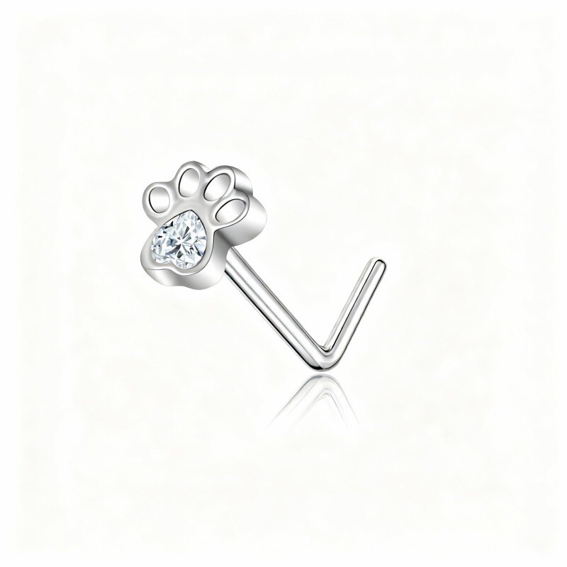10K White Gold Cubic Zirconia & Personalized Birthstone Paw & Heart Nose Ring-8