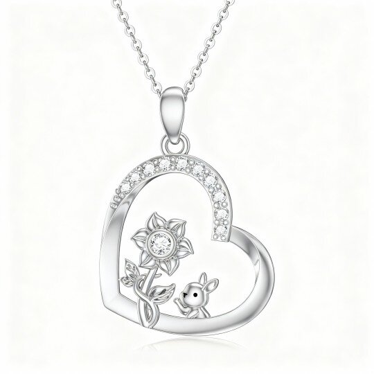 10K White Gold Cubic Zirconia & Personalized Birthstone Rabbit & Sunflower & Heart Pendant Necklace