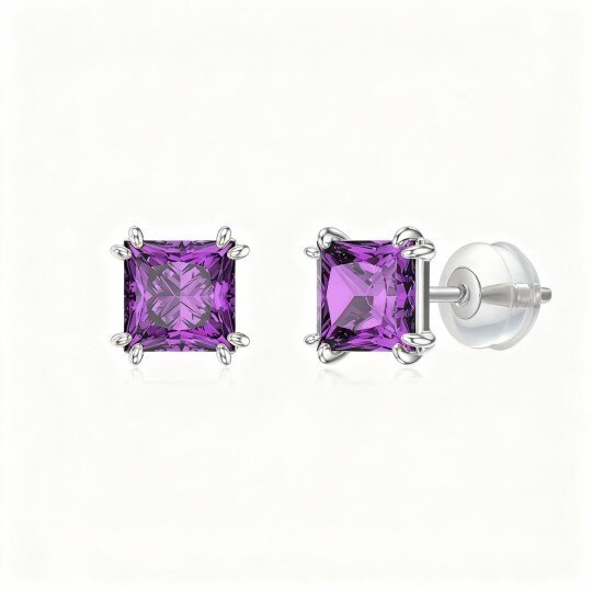 10K White Gold Cubic Zirconia Personalized Birthstone & Square Stud Earrings