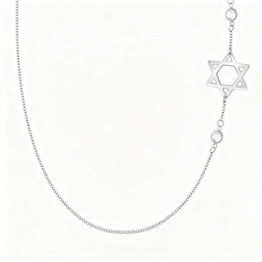 14K White Gold Cubic Zirconia Personalized Birthstone & Star Of David Pendant Necklace