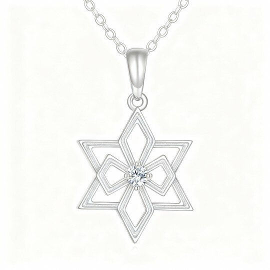 Colar com pendente personalizado em ouro branco 10K com zircónias cúbicas, pedra de nascimento e Estrela de David