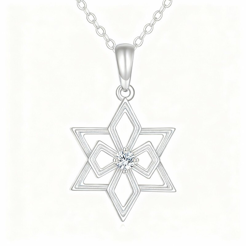 14K White Gold Cubic Zirconia Personalized Birthstone & Star Of David Pendant Necklace-1