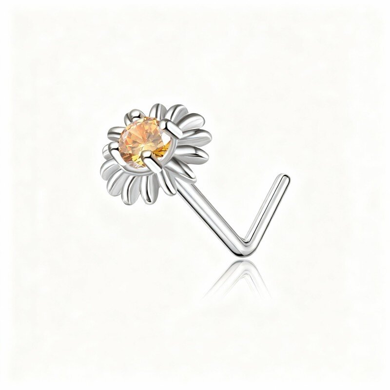 10K White Gold Cubic Zirconia & Personalized Birthstone Sunflower Nose Ring-1
