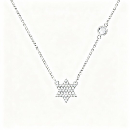 10Kホワイトゴールド キュービックジルコニア パーソナライズ誕生石＆テトラグラマトン ペンタグラムペンダントネックレス