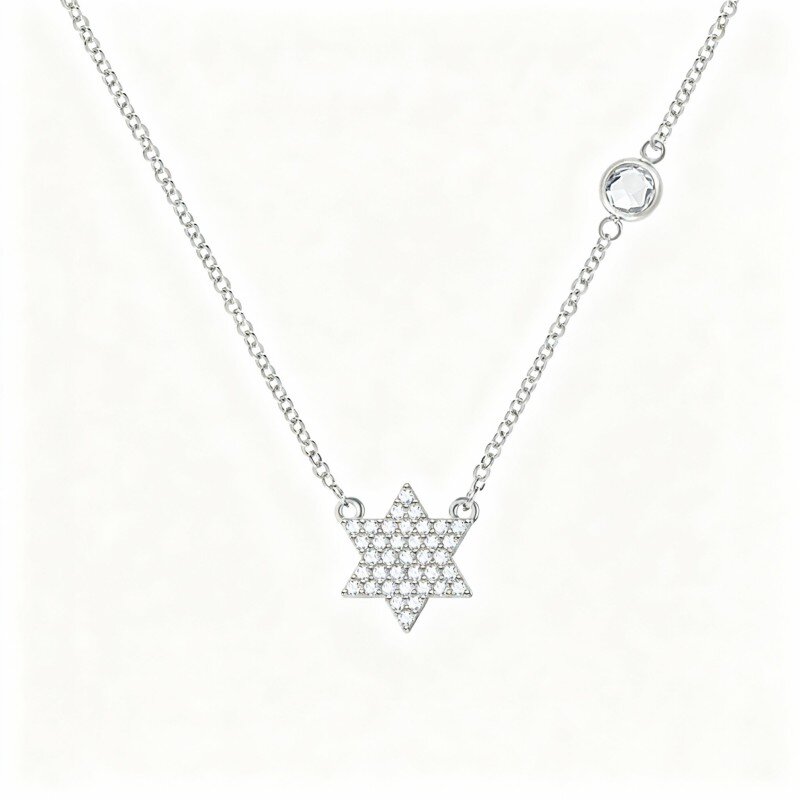 14K White Gold Cubic Zirconia Personalized Birthstone & Tetragrammaton Pentagram Pendant Necklace-1