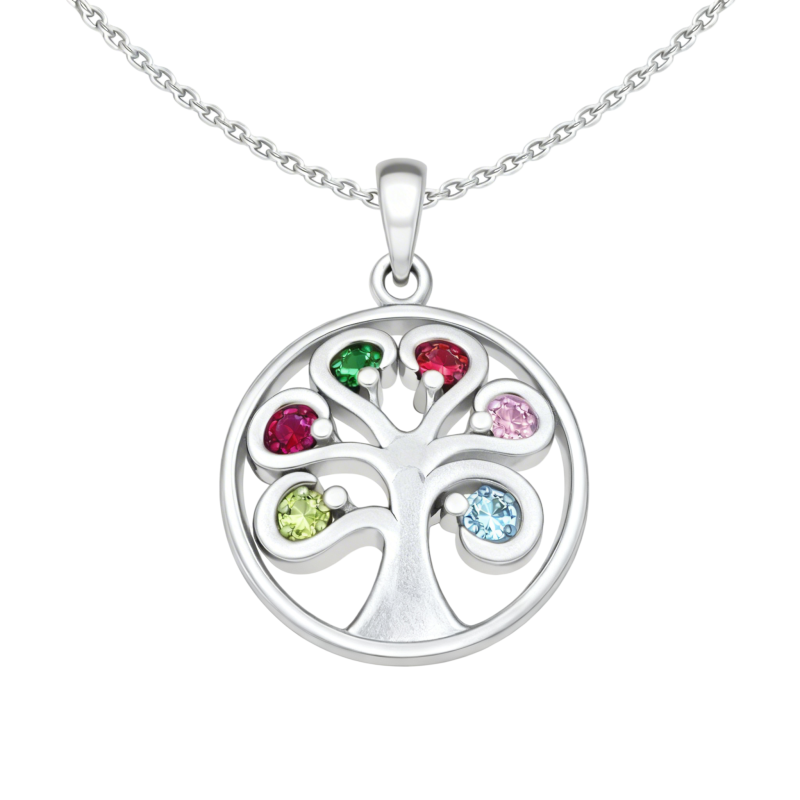 Collar con colgante del árbol de la vida en oro blanco de 10 quilates, circonita cúbica y piedra natal personalizada.-1